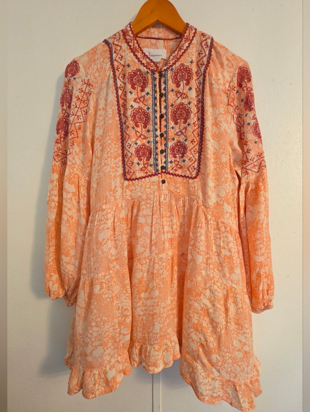 Anthropologie Peach-Printed Embroidered Peasant Blouse